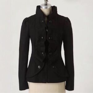 RARE! ANTHROPOLOGIE IDRA CONFECTION BLACK RUFFLE FRONT HIGH COLLAR ZIP UP COAT 8